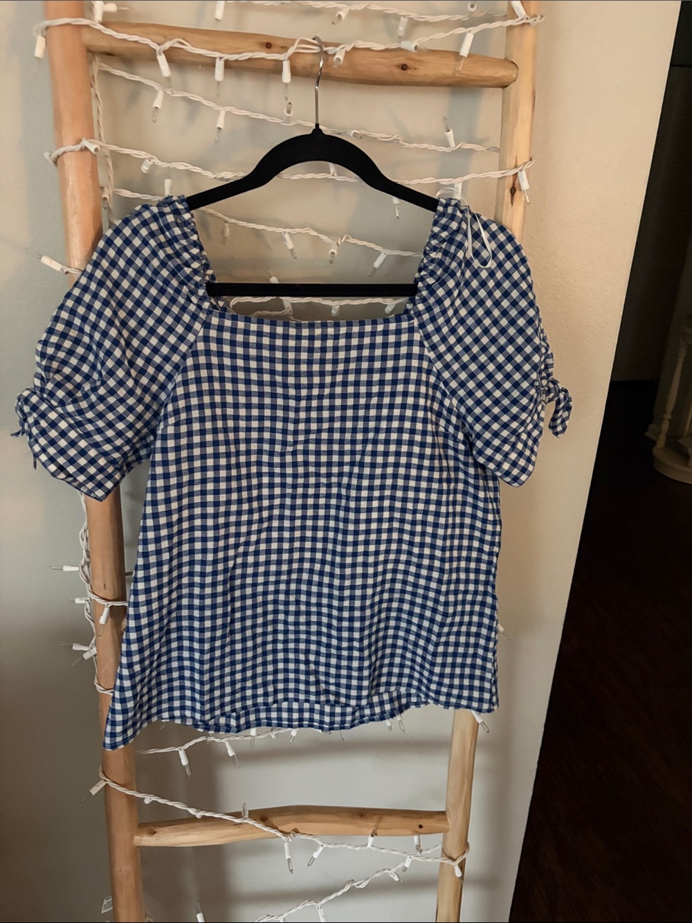 Banana Republic Blue Gingham Square Neck Puff Sleeve Blouse